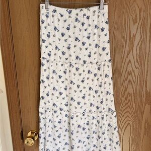 Love Tree White Maxi Skirt with Blue Floral Print